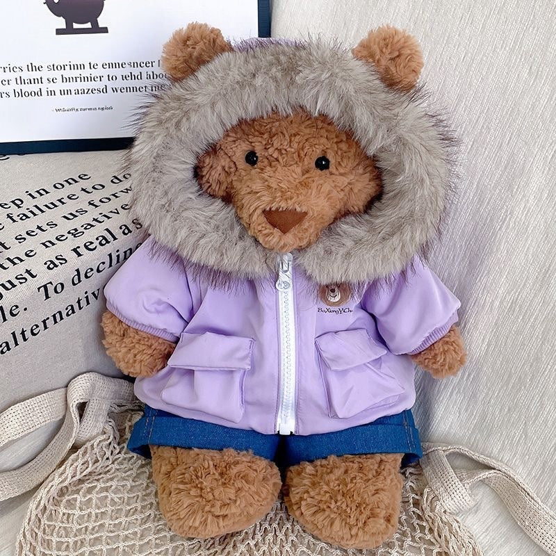 Bartholomew Bear fur-hood parka and denim shorts outfit