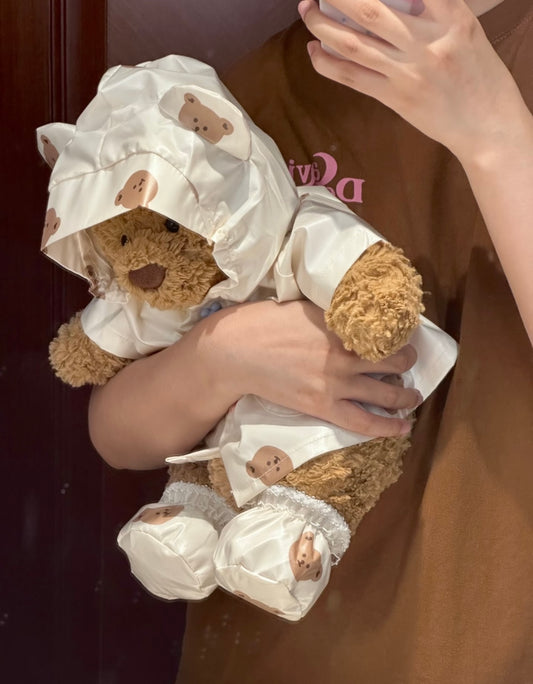 Bartholomew Bear Rain Coat Windbreaker Set - white bear print, hood up