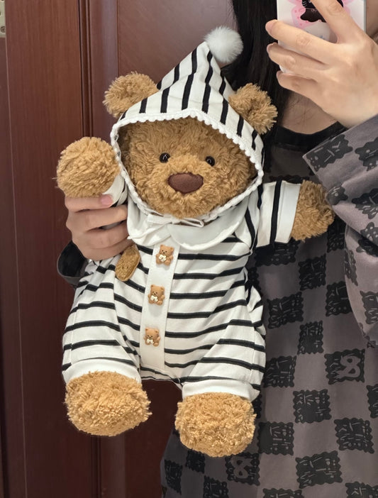 Bartholomew Bear in striped hooded romper - raised arm pose