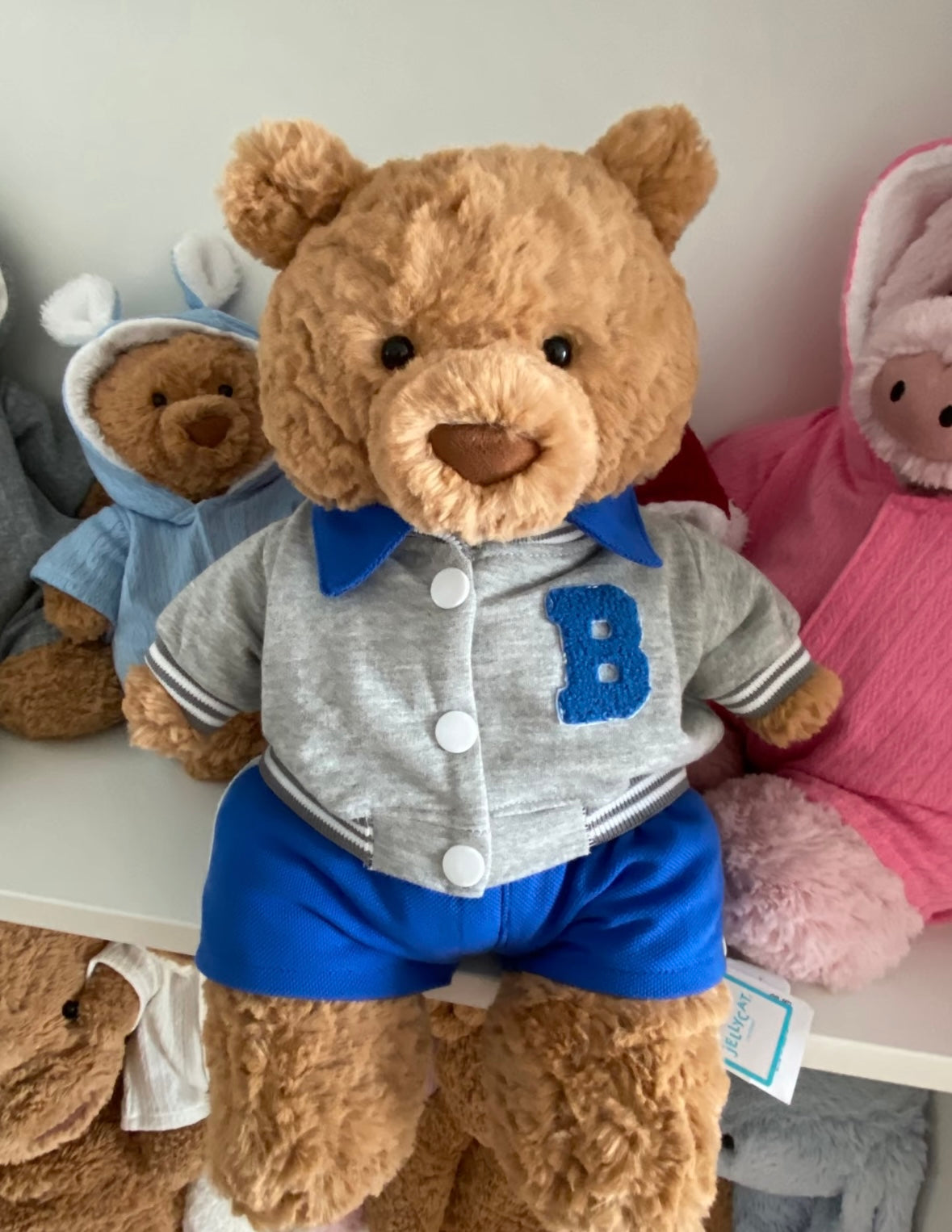 Full three piece outfit on bear: varsity jacket, blue collar polo and blue shorts
