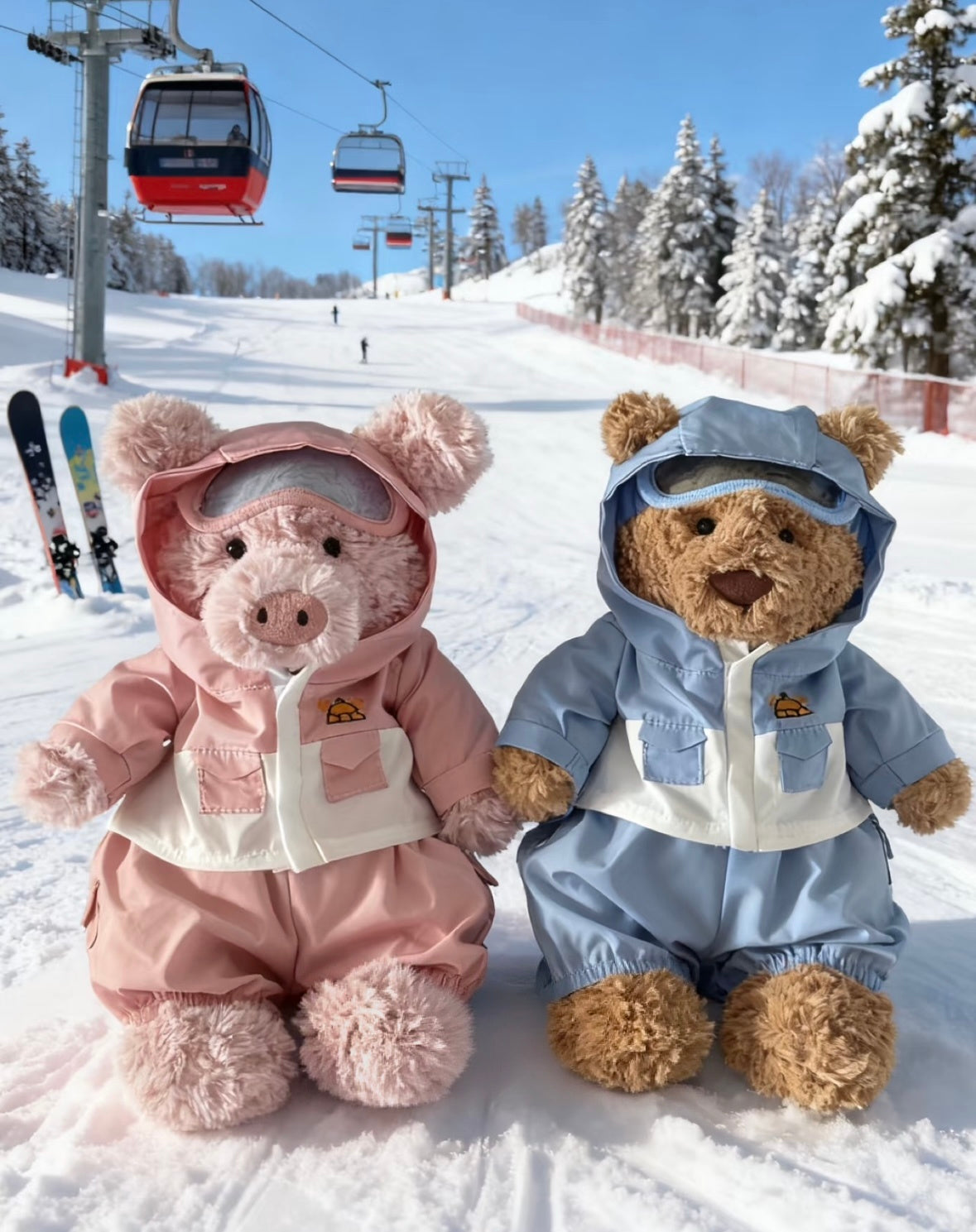 Pig and bear plush toys wearing pink and blue hooded ski outfits against a snowy ski-resort background.