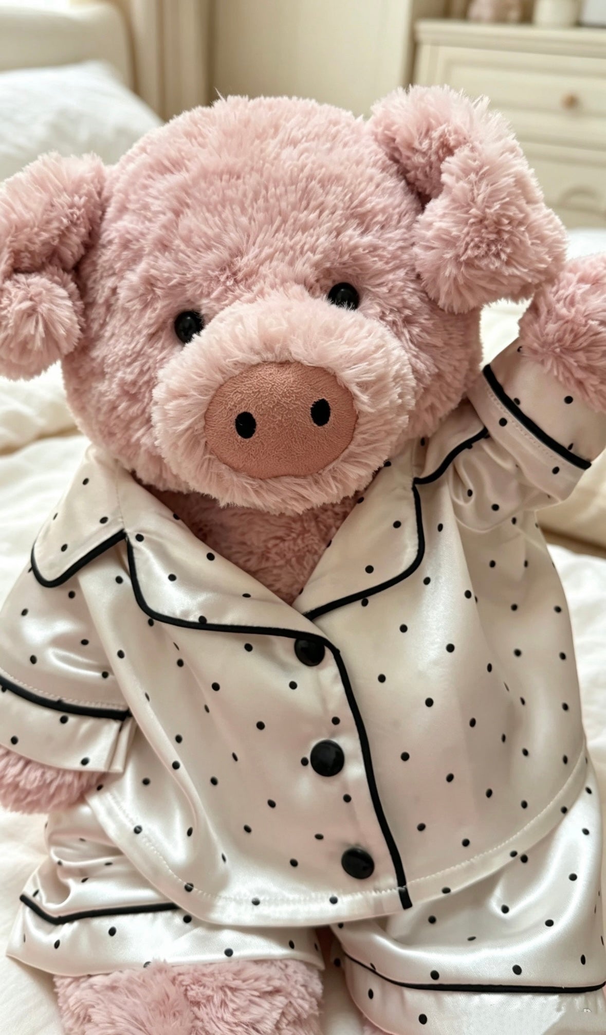 Close-up of the ivory polka-dot pyjama top showing black buttons and contrasting piping on a pink plush pig