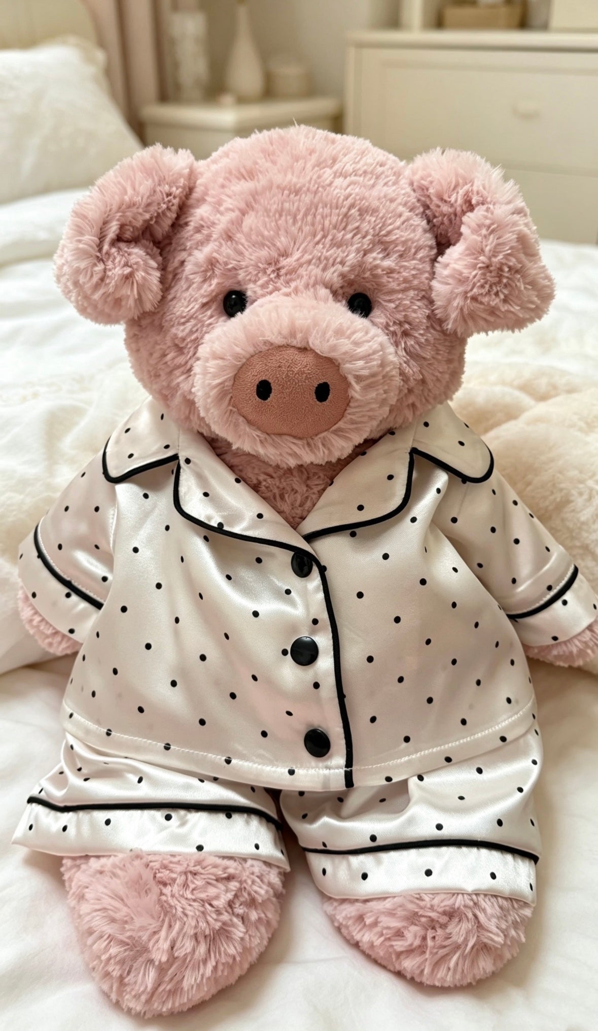 Full front view of a pink plush pig wearing an ivory polka-dot pyjama top and matching shorts with black piping