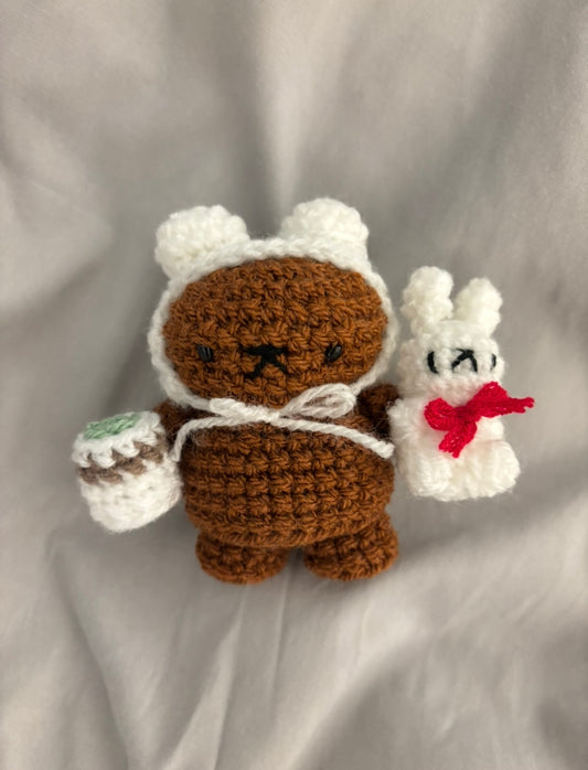 Crochet Bunny Cream Hoodie Bow Keyring