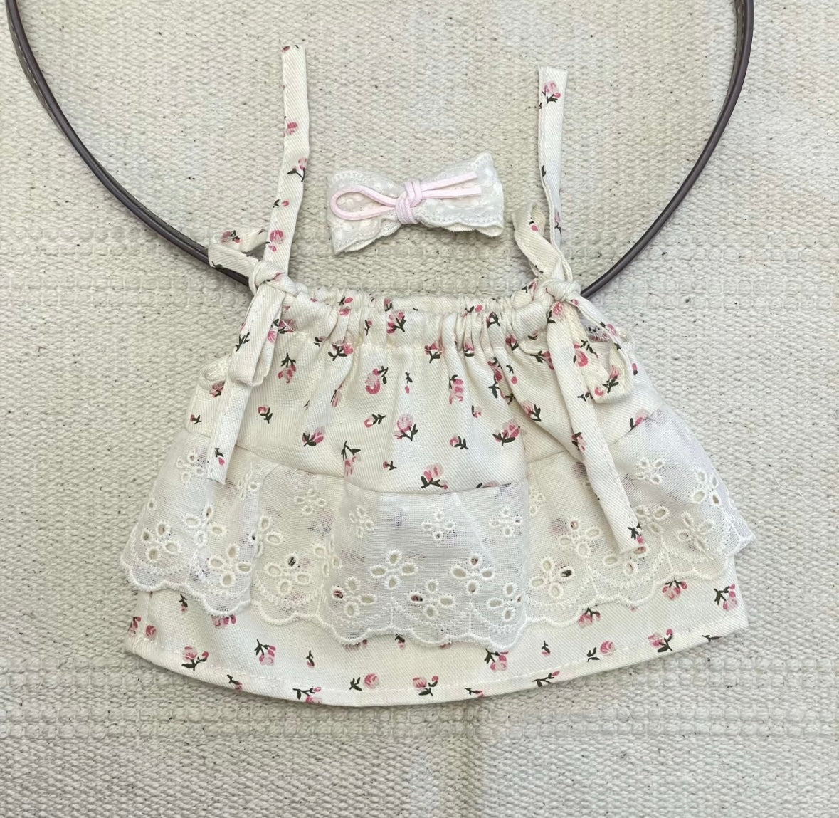 Small Rose Pink Floral Lace Dress Set flat lay with bow clip