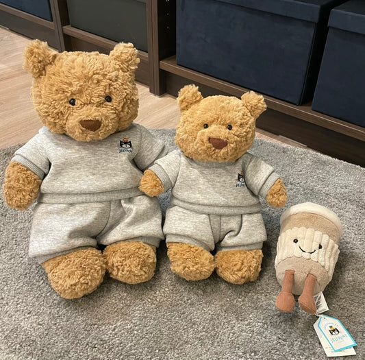 Large and medium bears in grey Jellycat sweatsuit set with coffee cup plush