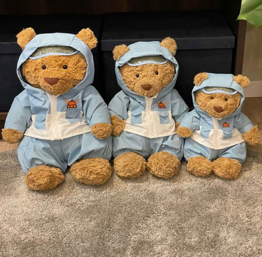 Three bears in baby blue snow suits in Large, Medium and Small sizes