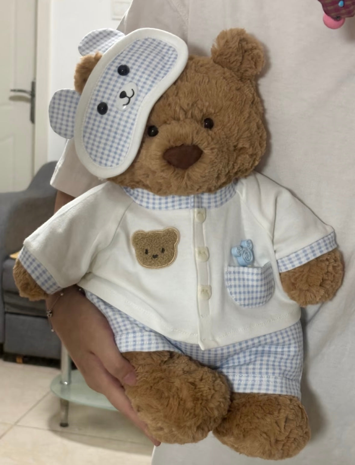 Bartholomew Bear wearing pink gingham pyjama set - front view