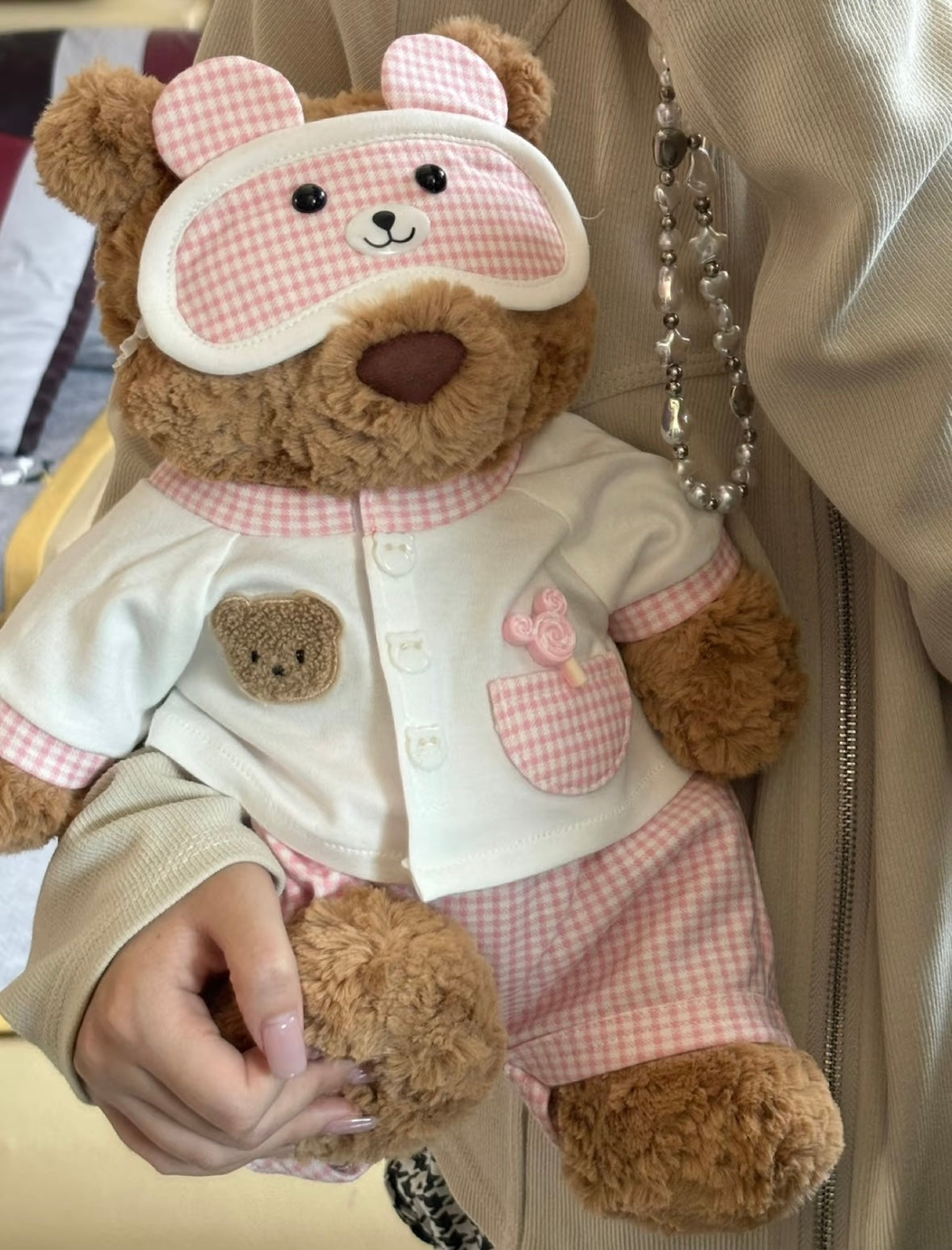 Bartholomew Bear wearing blue gingham pyjama set - with sleep mask cap