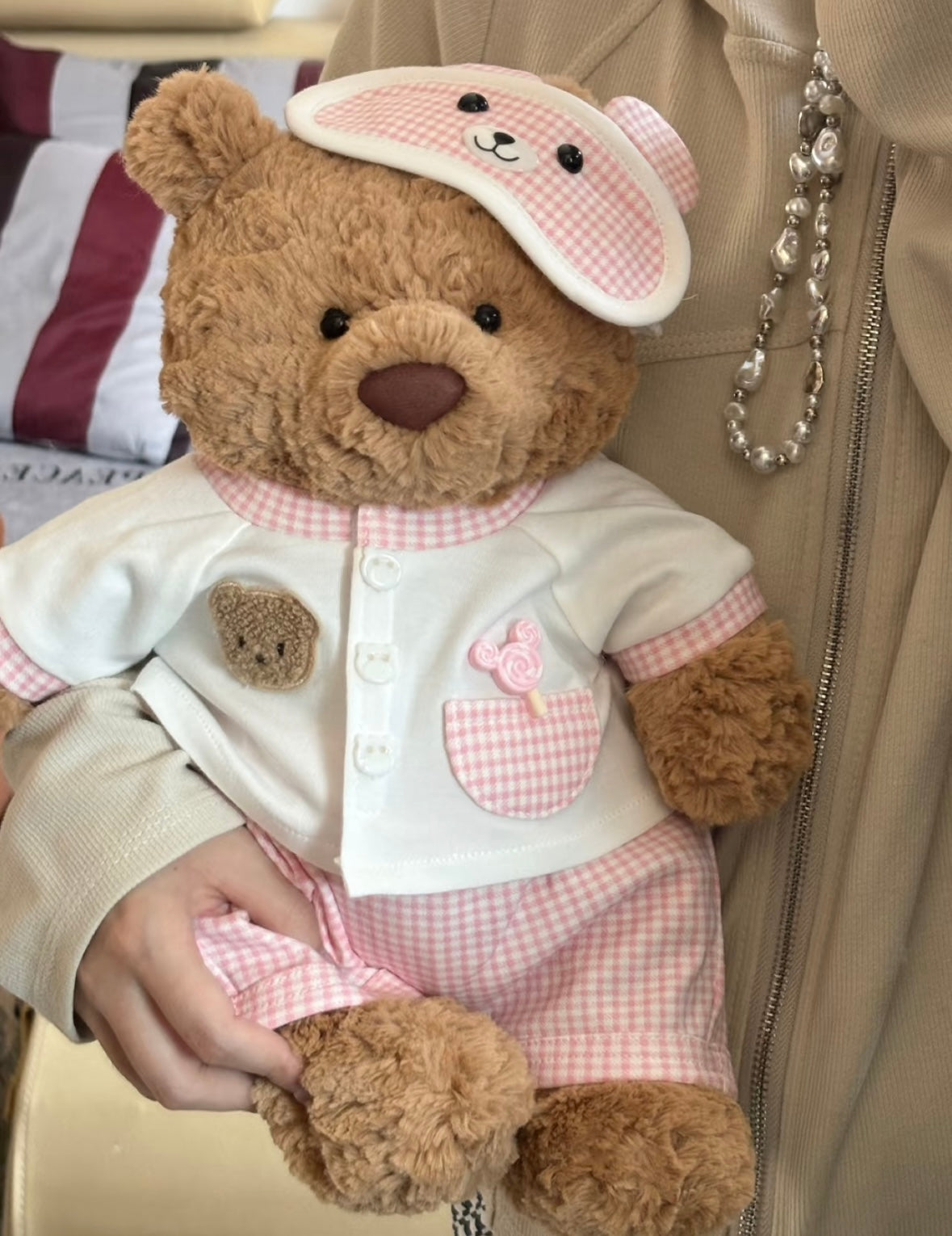 Bartholomew Bear wearing pink gingham pyjama set - with sleep mask cap