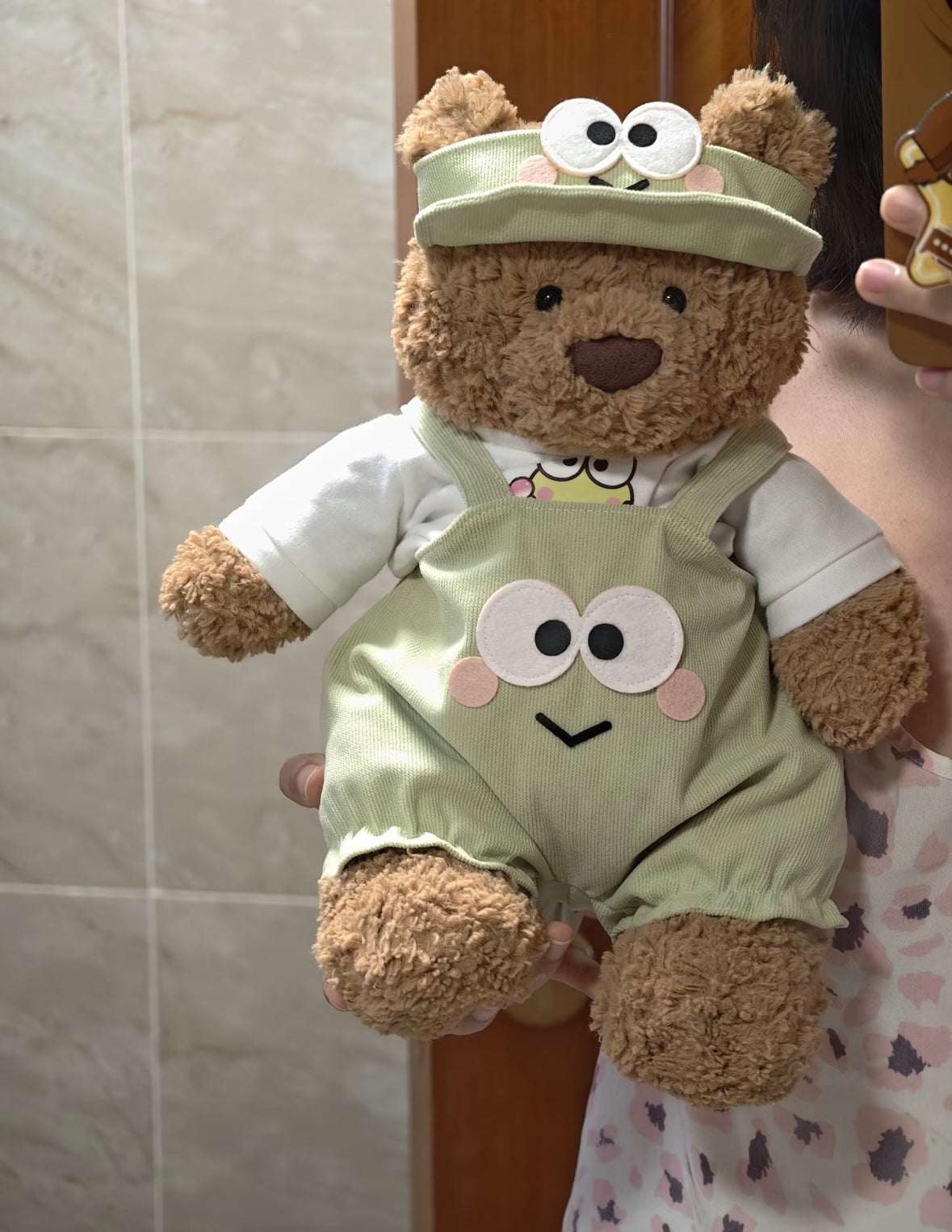 Pink pig plush wearing frog dungaree set - front view