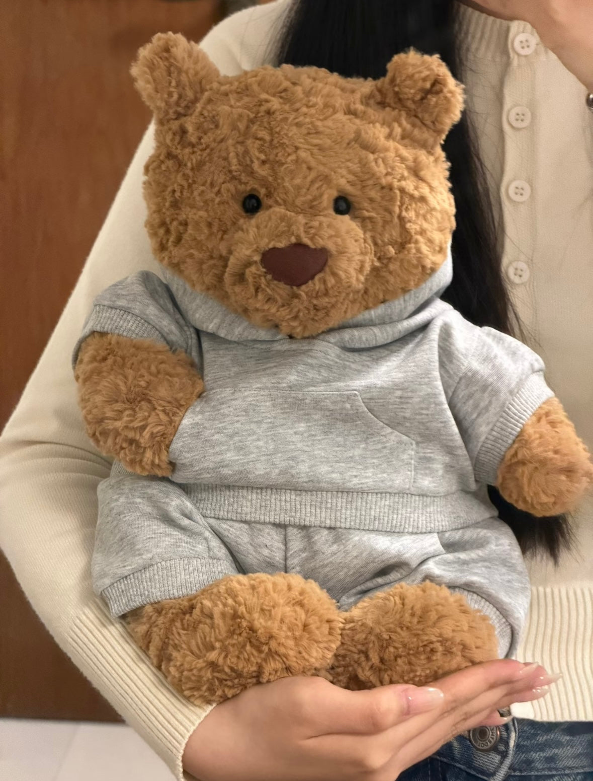Bartholomew Bear wearing grey hoodie set - side view