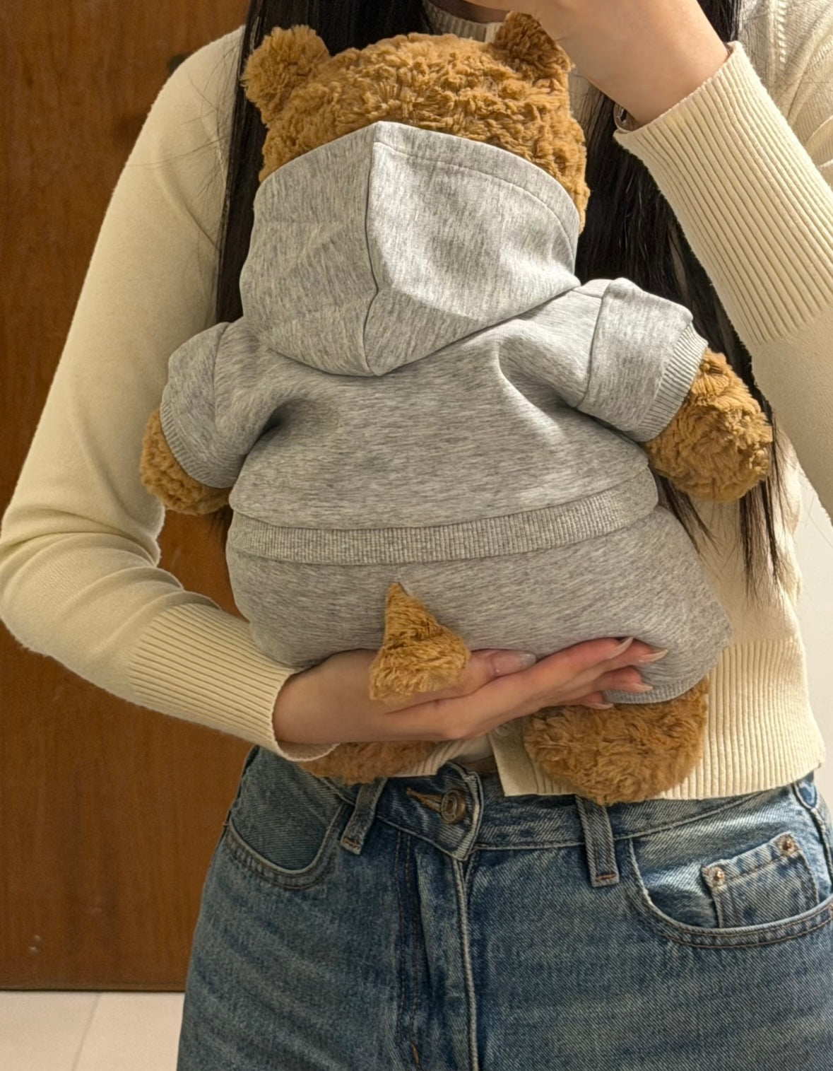 Bartholomew Bear wearing grey hoodie set - back view