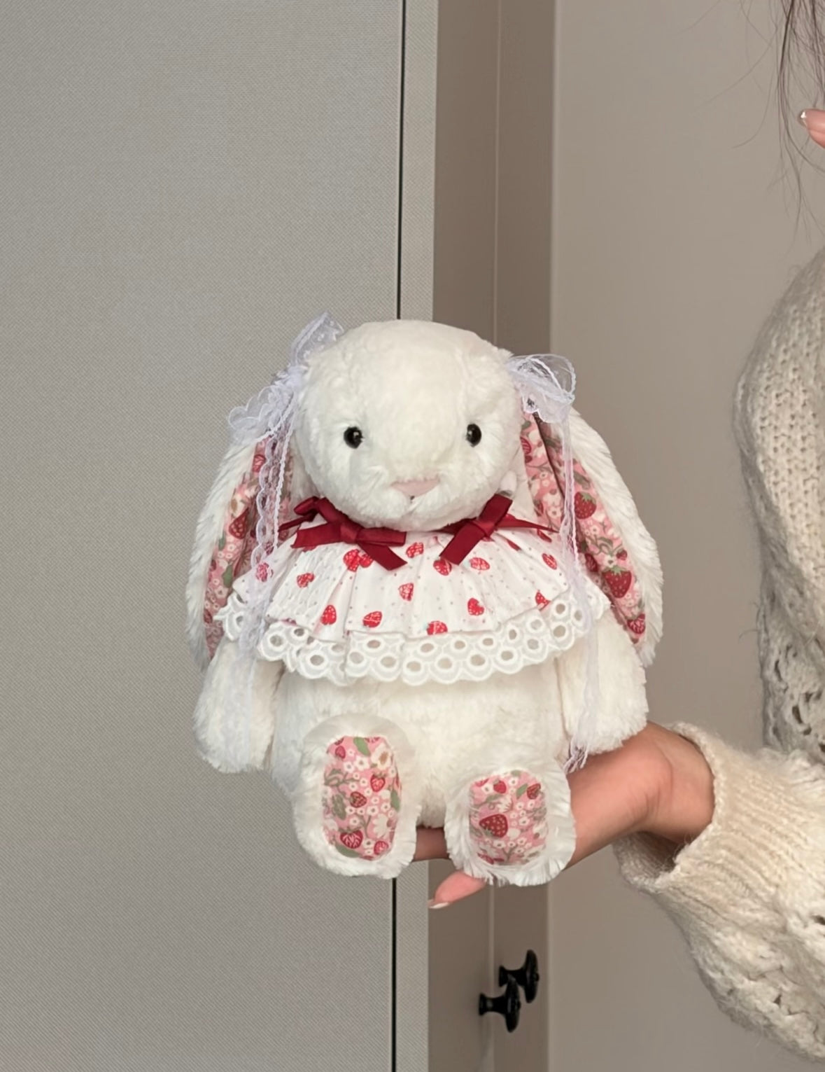 Bashful Bunny wearing strawberry lace dress set - front view