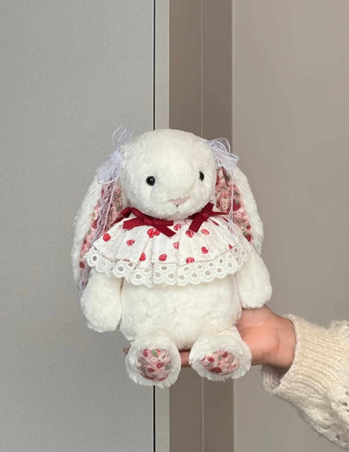 Bashful Bunny wearing strawberry lace dress set - full view