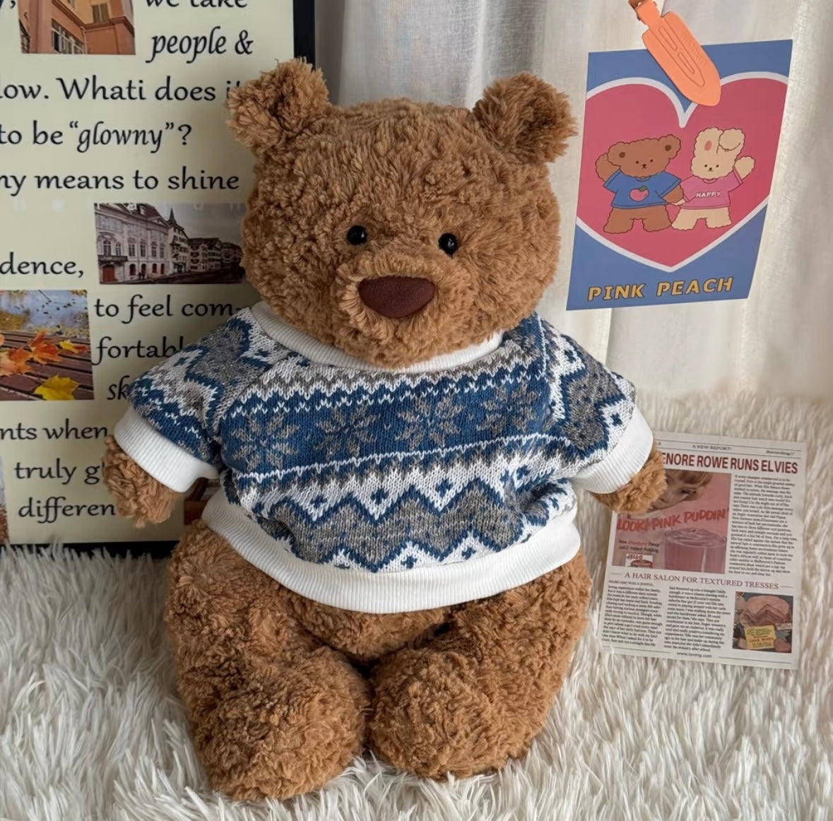 Jellycat bear wearing navy blue Fair Isle knit sweater