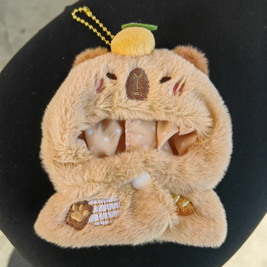 Capybara yuzu plush keychain front view showing embroidered face and paw details