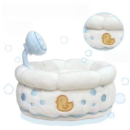 Plush duck bath tub prop with blue shower head and embroidered duck badge product shot