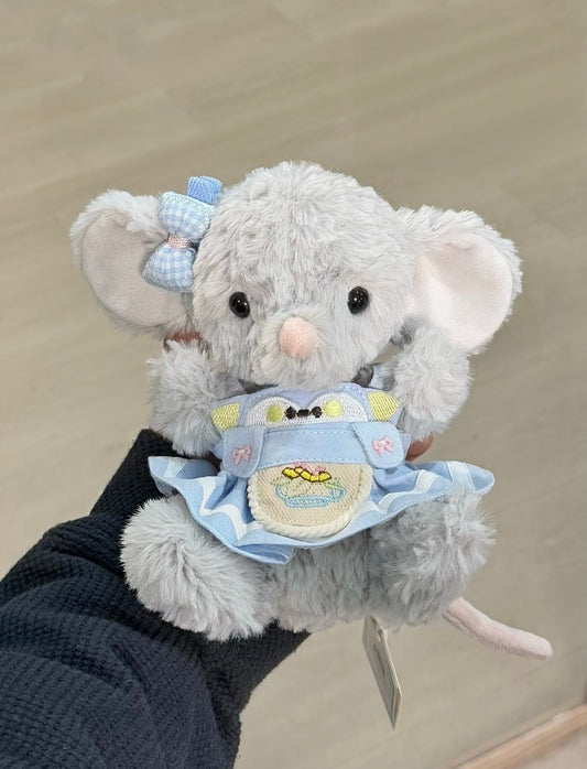 Grey elephant plush wearing a sky-blue frog bib outfit with gingham bow