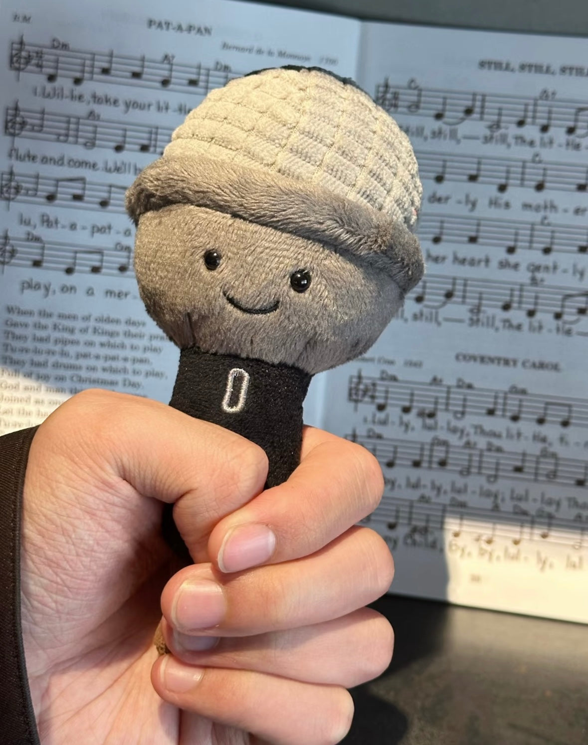 Plush microphone toy held in fist against sheet music background