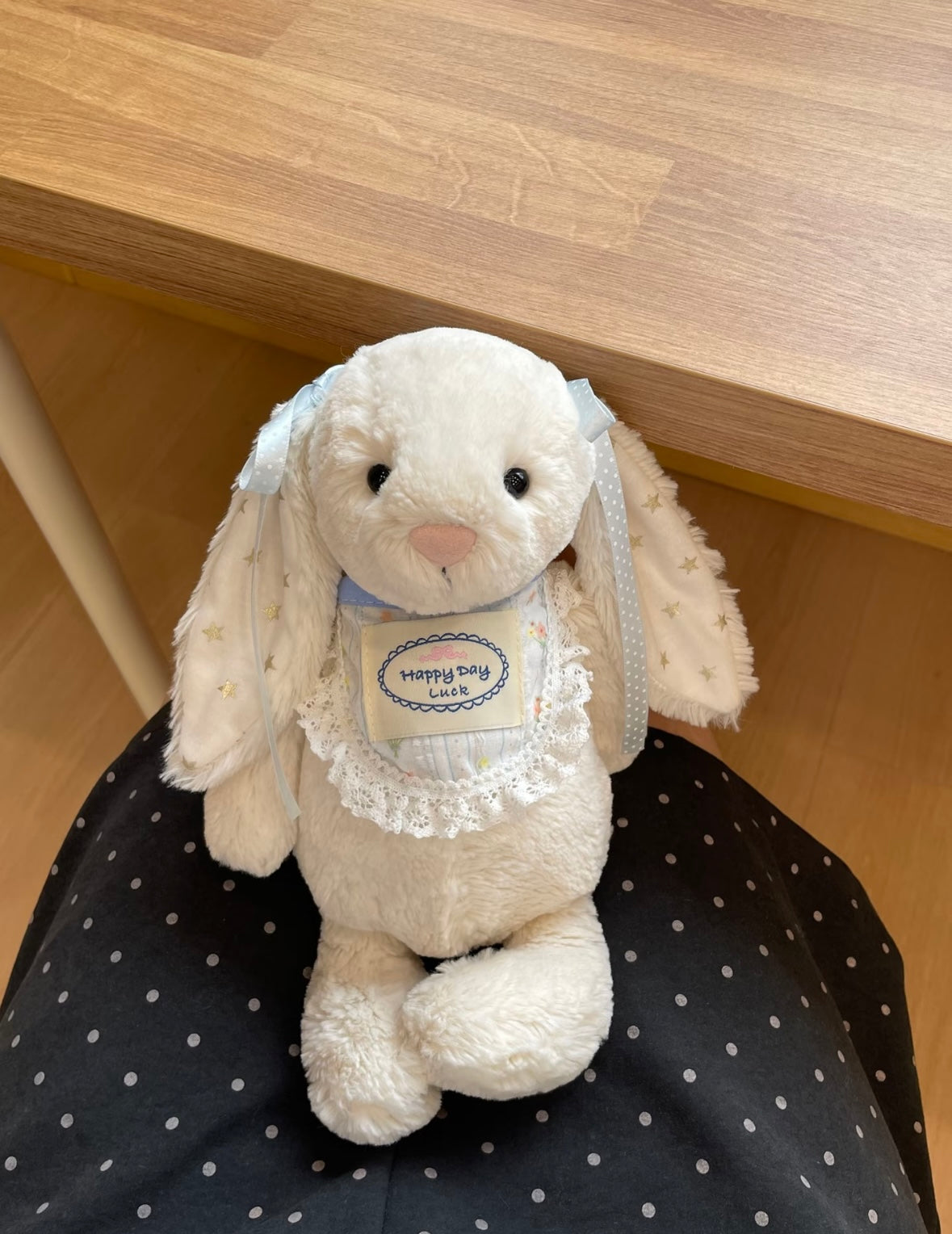 White plush bunny wearing Happy Day Luck lace bib - hanging display