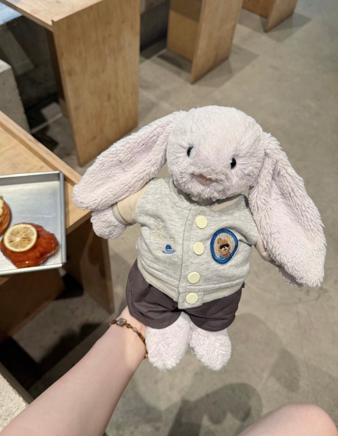 Bashful Bunny wearing varsity set - close up front view