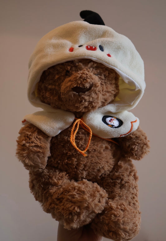 Bartholomew Bear wearing ghost witch cape with embroidered face - front view