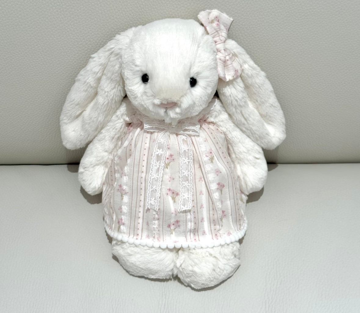 Bashful Bunny wearing vintage lace dress standing - full body front view showing complete outfit
