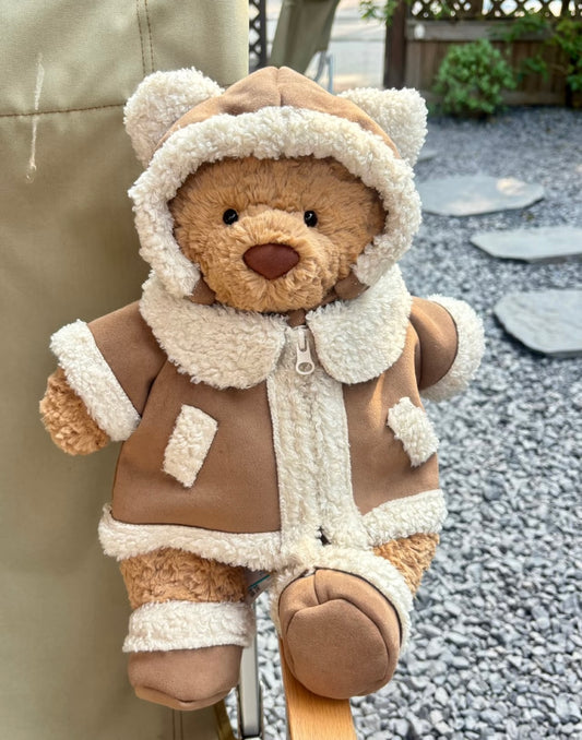 Bartholomew Bear in brown shearling snowsuit with hood