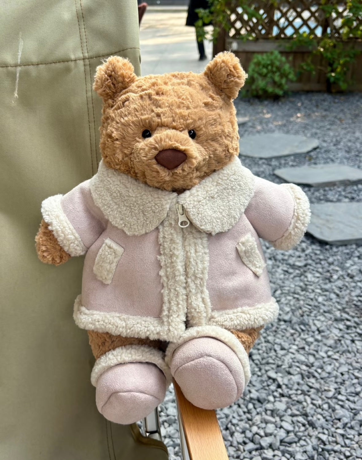 Bartholomew Bear in blush pink shearling jacket without hood