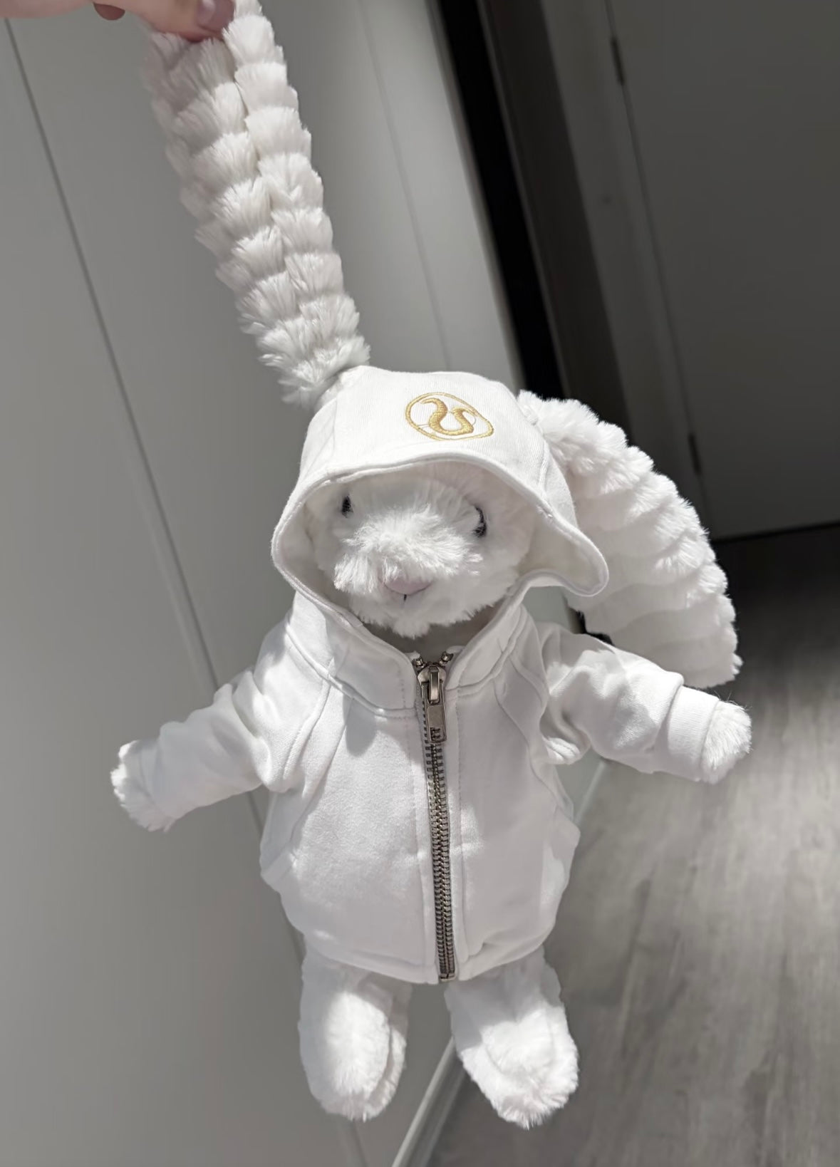 Bashful Bunny in white zip-up hooded tracksuit - full body front view