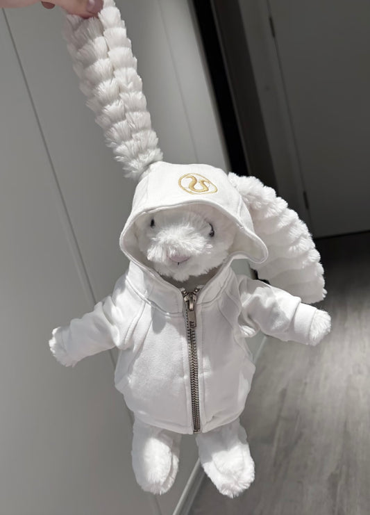 Bashful Bunny in white zip-up hooded tracksuit - full body front view