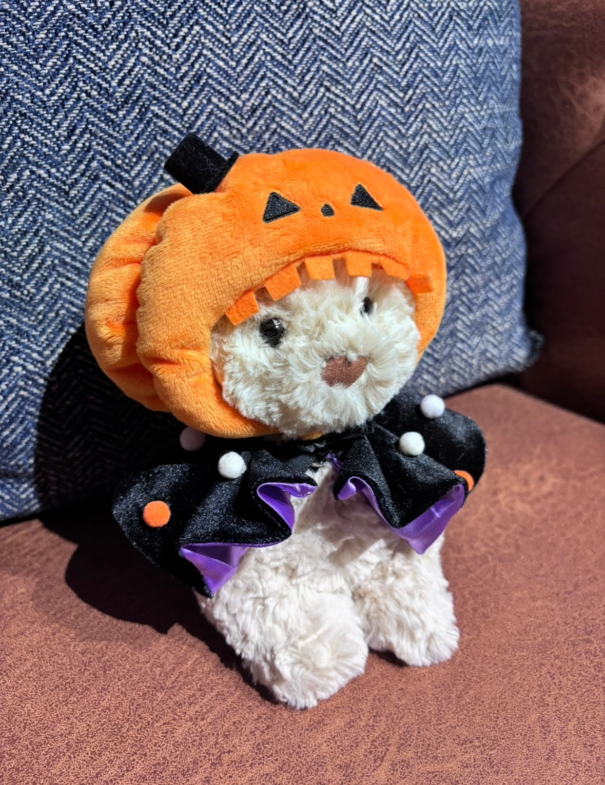 White plush bear wearing pumpkin hat and black polka dot cape with purple bow - front view