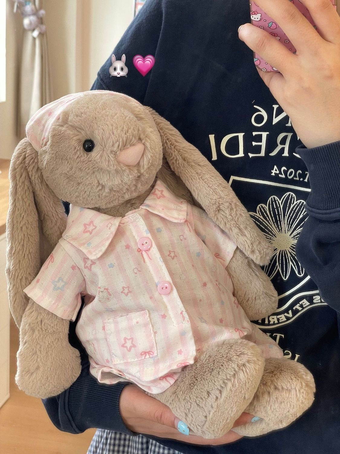 Taupe Bashful Bunny wearing pink pyjama set