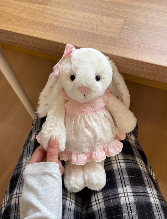 Bashful Bunny in cream floral cottage dress - front view