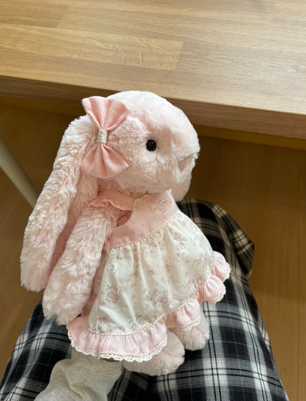 Bashful Bunny in blush pink floral cottage dress - side view