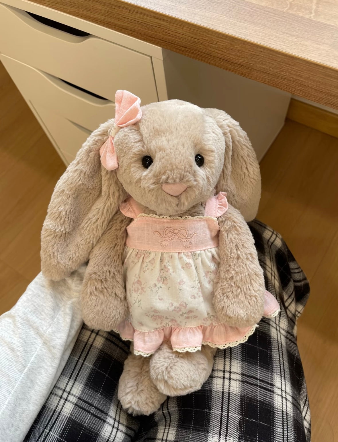 Bashful Bunny in warm taupe floral cottage dress - front view
