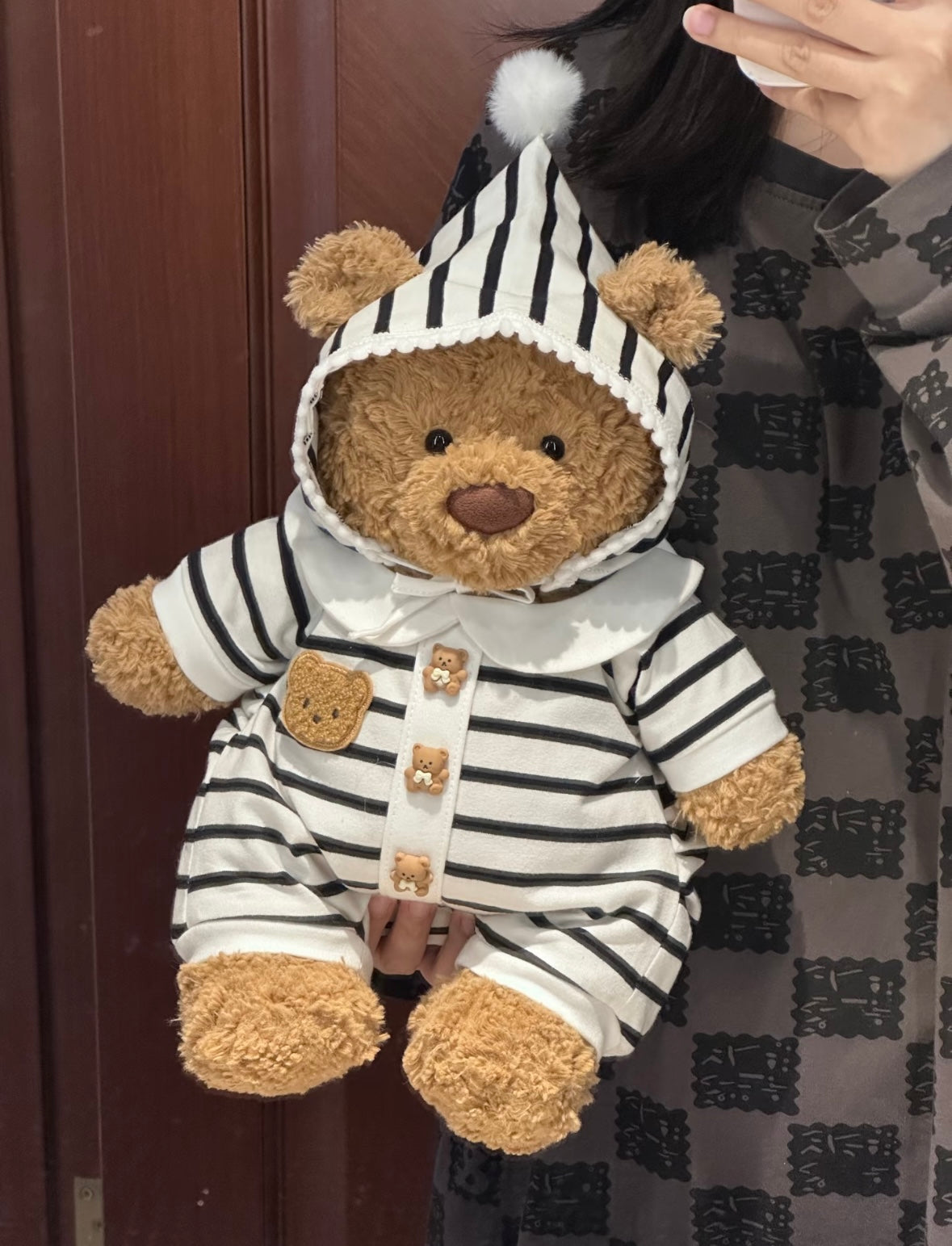Bartholomew Bear in striped hooded romper - front view with hood up